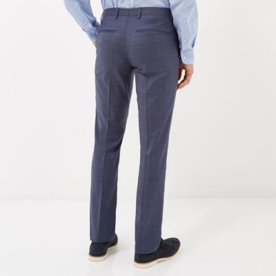 Navy subtle check wool-blend slim trousers